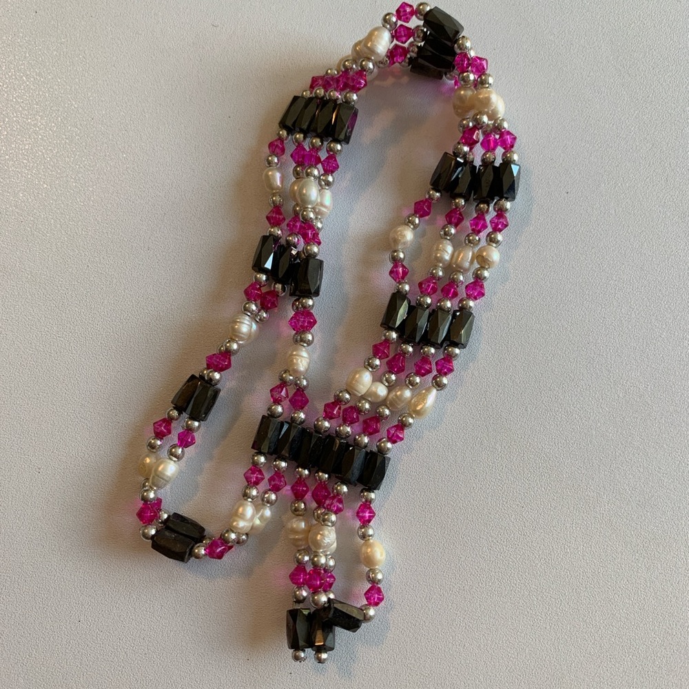 Red and Black Magnetic Beaded Bracelet/Necklace with Real Pearl Beads